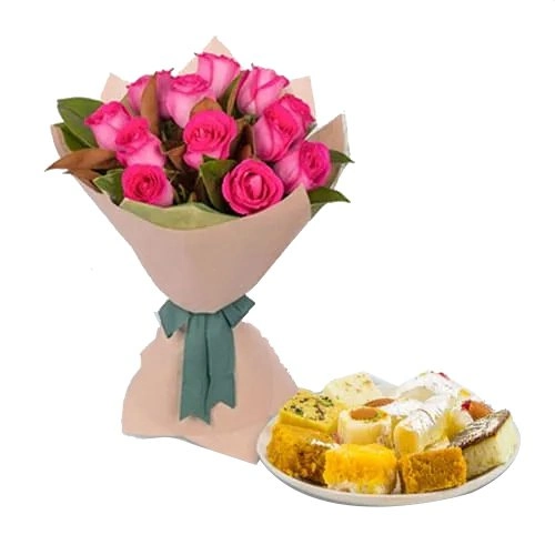 Mixed Sweets Box and Pink Roses Bouquet