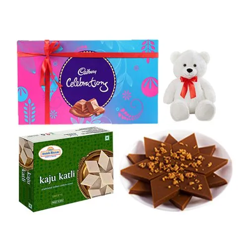 Adyar Ananda Bhawan Assorted Sweets with a Teddy N Cadbury Celebration Chocolate Pack
