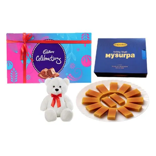 Sri Krishna Sweets Mysurpa with Teddy N Cadbury Celebration Chocolate Pack