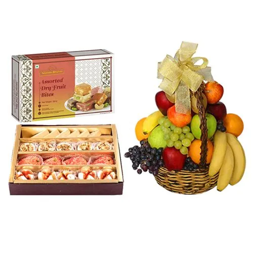 Collection of Adyar Ananda Bhawan Assorted Sweets with Fresh Fruit Basket