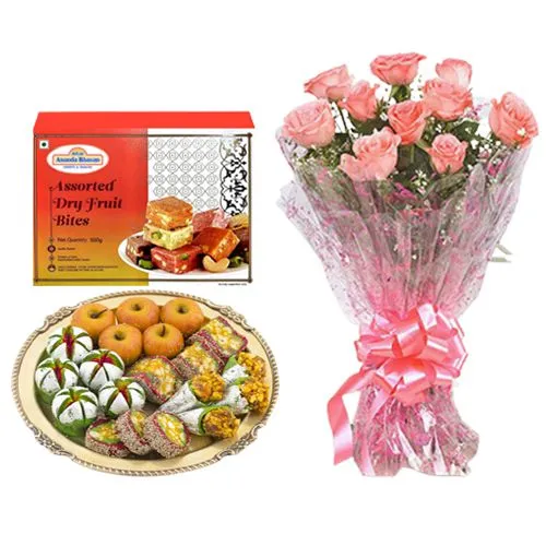 Gift of Adyar Ananda Bhawan Assorted Dry Fruit Sweets with Pink Rose Bouquet