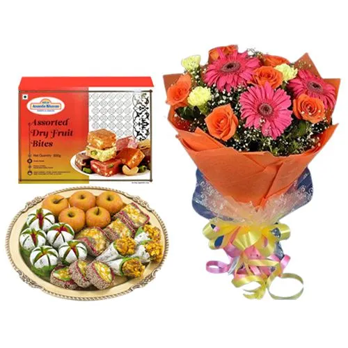 Adyar Ananda Bhawan Assorted Dry Fruit Sweets with Assorted Flower Bouquet