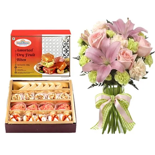 Gift Pack of Adyar Ananda Bhawan Mixed Dry Fruit Sweets with Flowers Bouquet