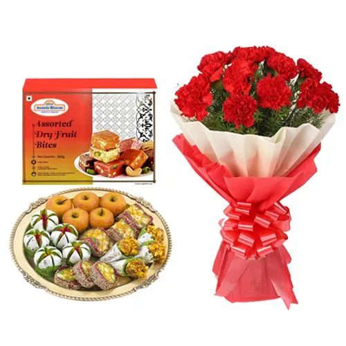 Adyar Ananda Bhawan Assorted Dry Fruit Sweets with Red Carnation Tissue Wrapped Bouquet
