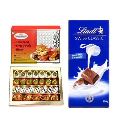 Gift Pack of Adyar Ananda Bhawan Assorted Dry Fruit Sweets with Lindt Excellence Chocolate Bar
