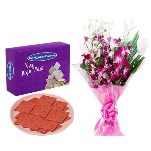 Sri Krishna Sweets Fig Kathli with Orchid Bouquet