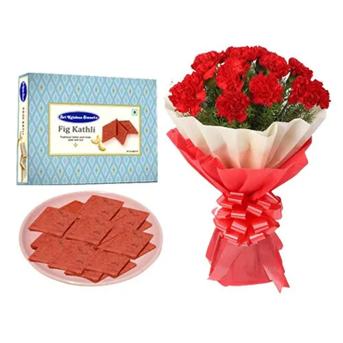Sri Krishna Sweets Fig Kathli with Red Carnation Tissue Wrapped Bouquet