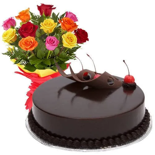 Gift Online Mixed Roses with Chocolate Cake
