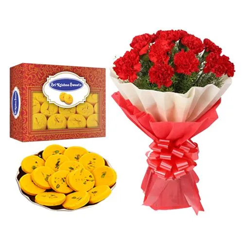 Sri Krishna Sweets Kesar Peda with Red Carnation Tissue Wrapped Bouquet