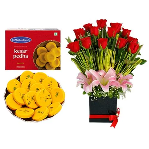 Sri Krishna Sweets Kesar Peda with a Designer Flower Arrangement