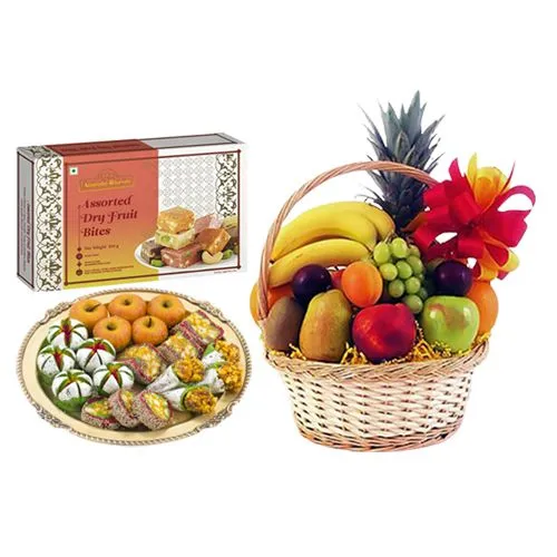 Famous Adyar Ananda Bhawan Assorted Dry Fruit Sweets with Fresh Fruit Basket