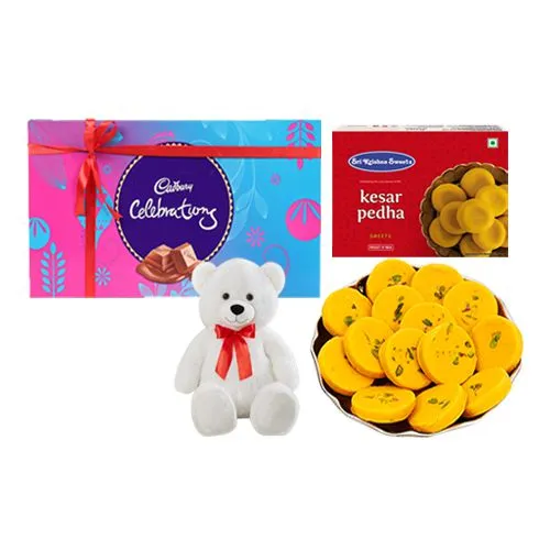 Sri Krishna Sweets Kesar Peda with Teddy N Cadbury Celebration Pack