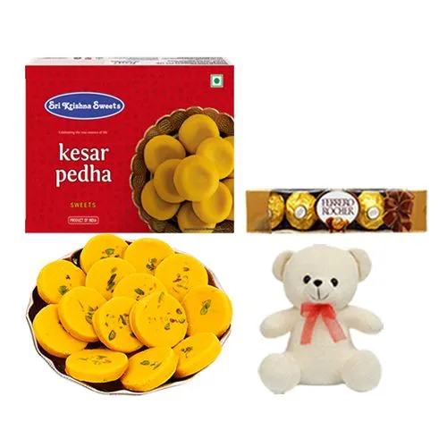 Sri Krishna Sweets Kesar Peda with Teddy N Ferrero Rocher Chocolate Pack