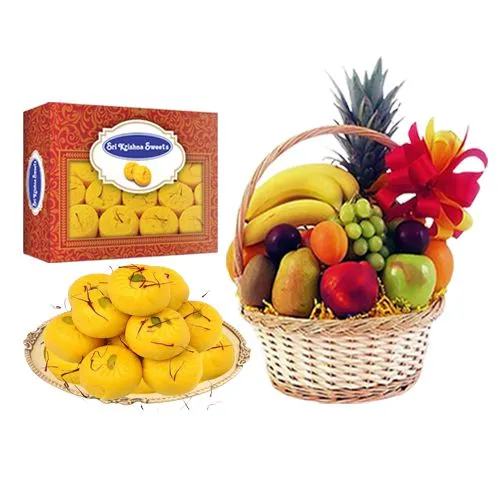Sri Krishna Sweets Kesar Peda with Fresh Fruit Basket