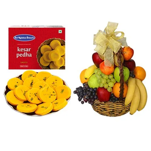 Sri Krishna Sweets Kesar Peda with Fresh Fruit Basket