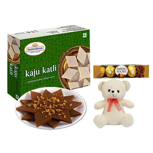 Adyar Ananda Bhawan Palmsugar Kaju Kathily with a Teddy N Ferrero Rocher Chocolate Pack