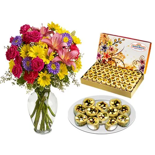 Gift of Adyar Ananda Bhawan Dry Fruit Honey Dew with Mixed Flower Arrangement
