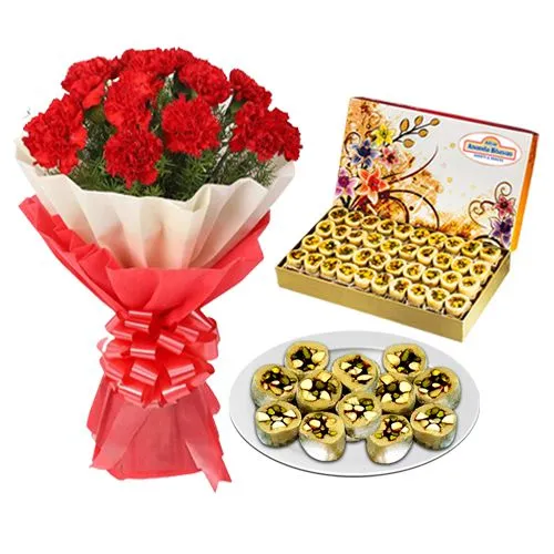 Adyar Ananda Bhawan Dry Fruit Honey Dew with Red Carnation Tissue Wrapped Bouquet