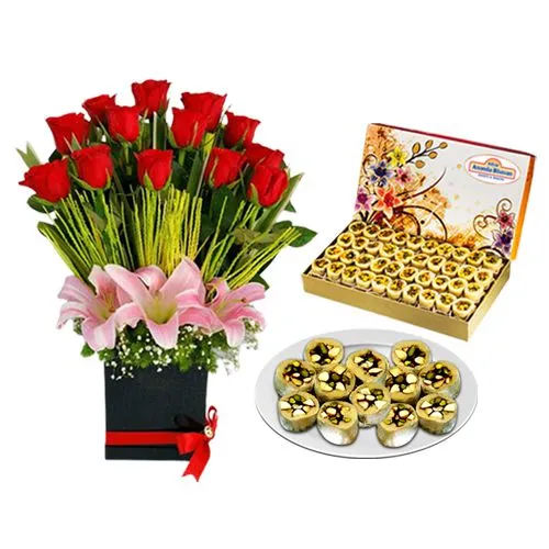 Famous Adyar Ananda Bhawan Dry Fruit Honey Dew with a Designer Flower Arrangement