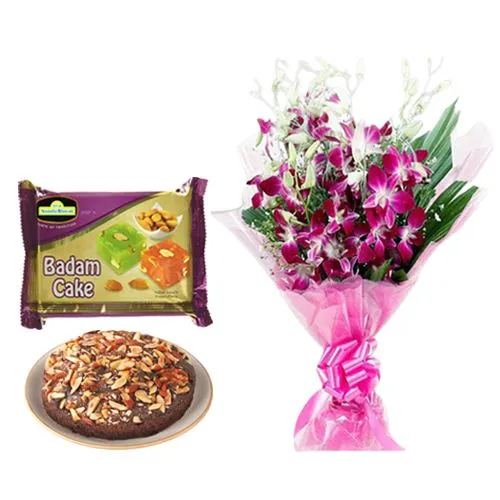 Famous Adyar Ananda Bhawan Badam Cake with Orchid Bouquet
