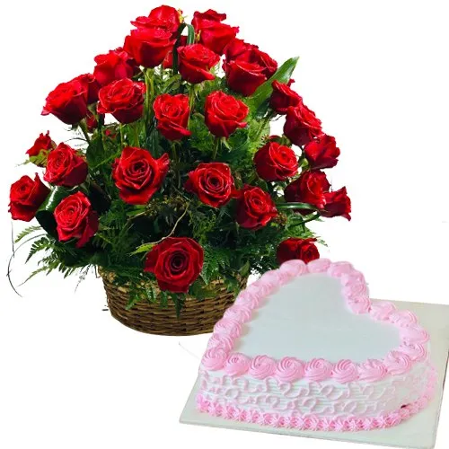 Order Roses Basket Arrangement and  Love Cake