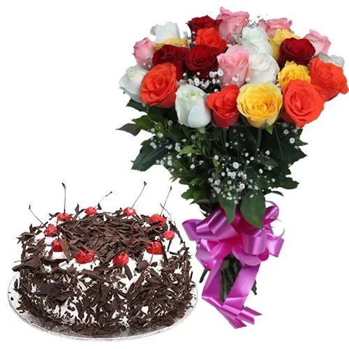 Order Bunch of Mixed Roses N Black Forest Cake Online
