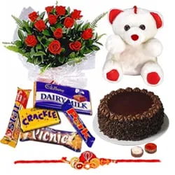 Lucky Rakhi, Soft Teddy, Roses, Cakes and Cadburys with Impressions of Love