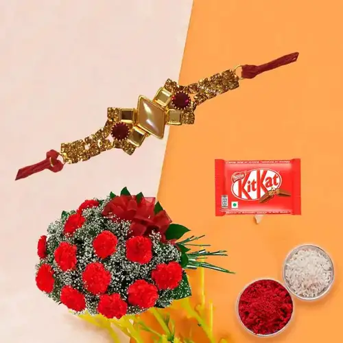 Feel-Better Gift of Cherished Bunch of 12 Red Carnations and Appetizing Kitkat Chocolate