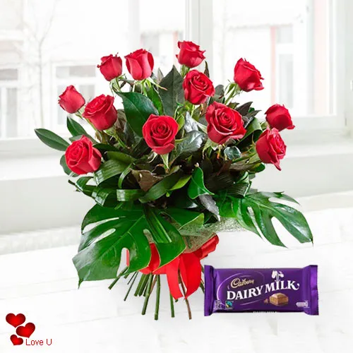 Rose Day Gift of Red Roses N Cadbury Chocolates