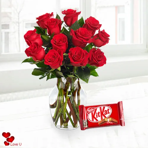 Order Red Roses in a Vase with Cadbury Chocolate for Chocolate Day