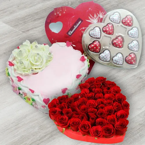 Extraordinary 24 Red Roses, Heart Shaped Chocolate Box and 1 Lb Heart Shaped Cake
