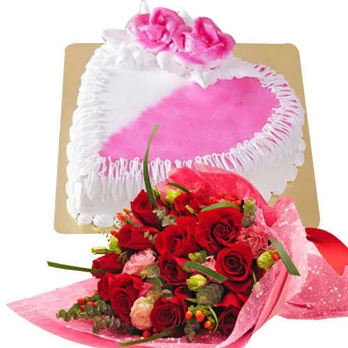 Buy Online Red Roses Bouquet with Heart Shaped Cake