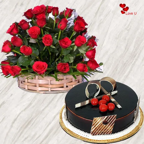 Valentines Day Special Rose Basket N Chocolate Cake