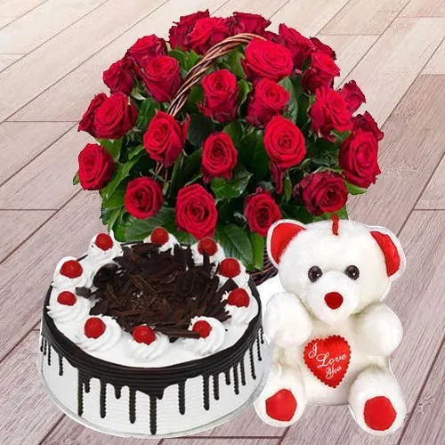 Gift Red Roses Basket with Black Forest Cake N Teddy