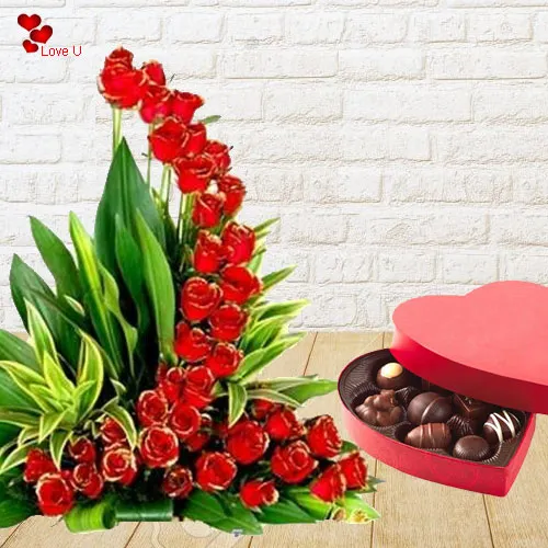 Rose Day Gift of Red Roses with Heart Shape Chocolate Box