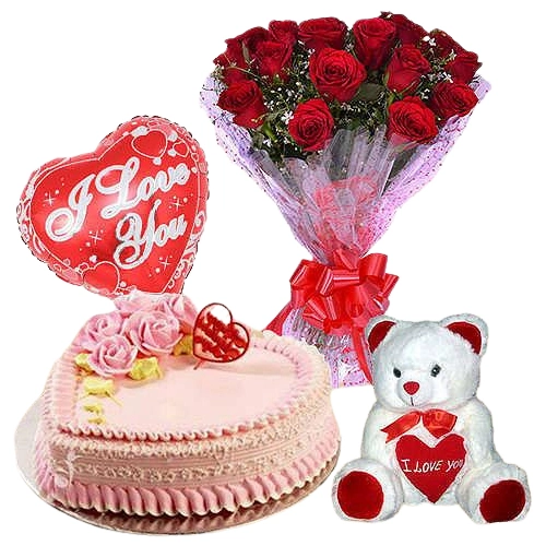 Deliver Combo of Flowers N Cake with Balloons N Teddy for V-day