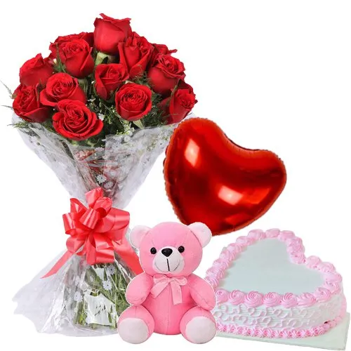 Shop Online Red Roses Bunch with Love Cake, Teddy N Balloons