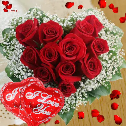 Deliver Online Red Roses in Hear Shape Arrangement with Balloons