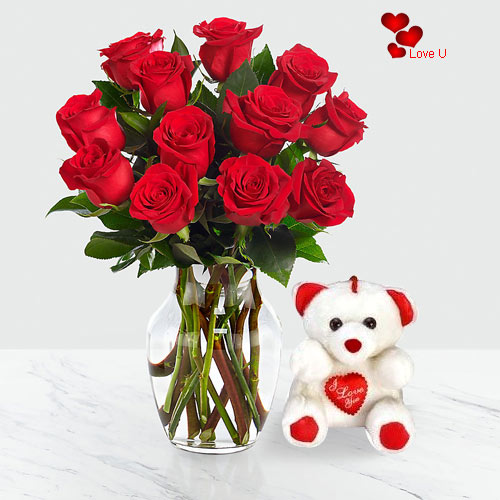Order Combo of Red Roses in a Vase with Teddy