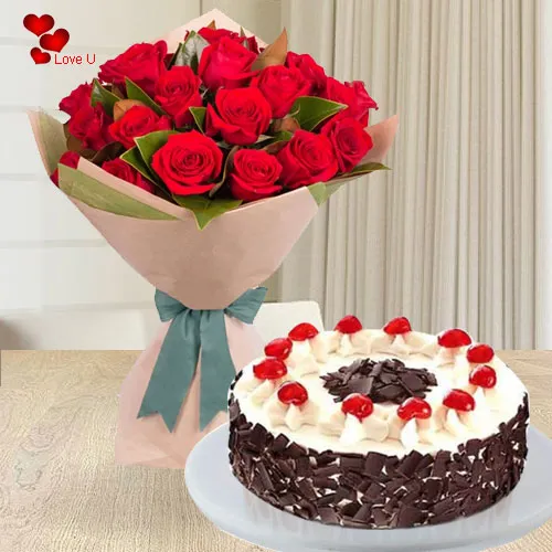 Send Online Rose Day Surprise of Red Roses Bouquet with 5 Star Bakery Cake