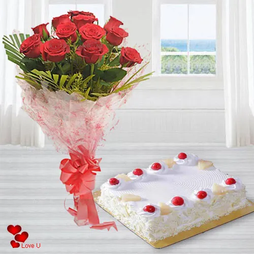 Order Eggless Cake N Red Roses Bouquet Online for Rose Day