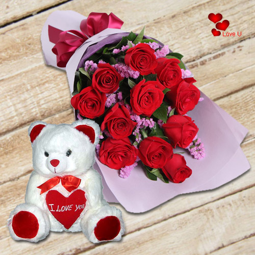 V-Day Gift of Red Roses Bouquet with Teddy Bear