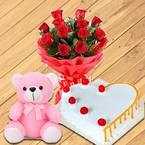 Deliver Red Roses with Teddy N Heart Shaped Cake