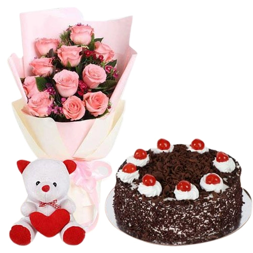 Shop for Pink Roses with Teddy N Cake for Rose Day