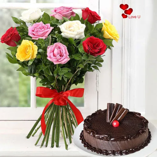 Book Online 12 Mixed Roses Bunch N Cake for V-Day