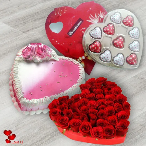 Deliver Heart Shape Red Rose with Chocolates N Cake Online