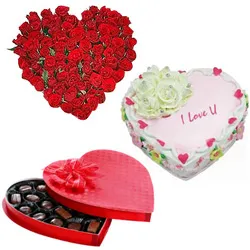 Adorable 24 Red Roses with 1/2 Kg Heart Shaped Cake and Heart Shaped Chocolate Box