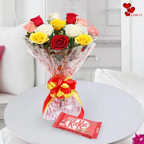 V-Day Gift of Mixed Roses N Kit Kat Online