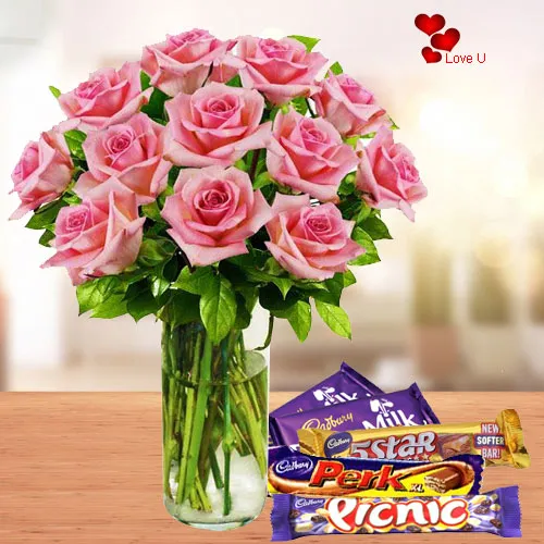 Chocolate Day Gift of Assorted Chocolates with Pink Roses