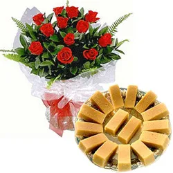 Order Red Roses with Anand Bhawan Mysore Pak